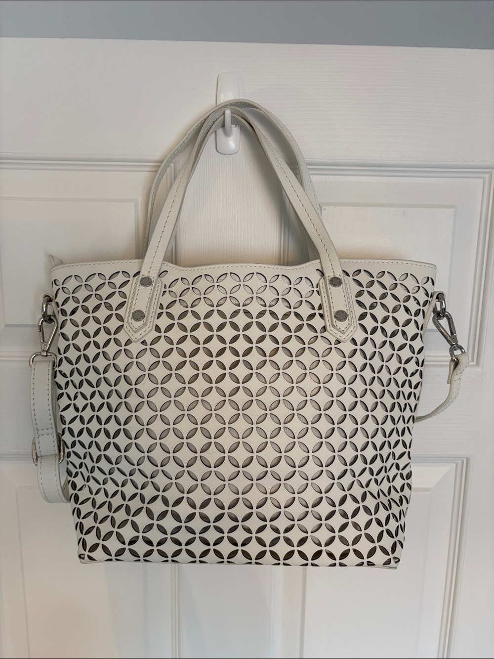 DANIER White Leather Women's Cutout Tote Bag with Removable Crossbody Strap